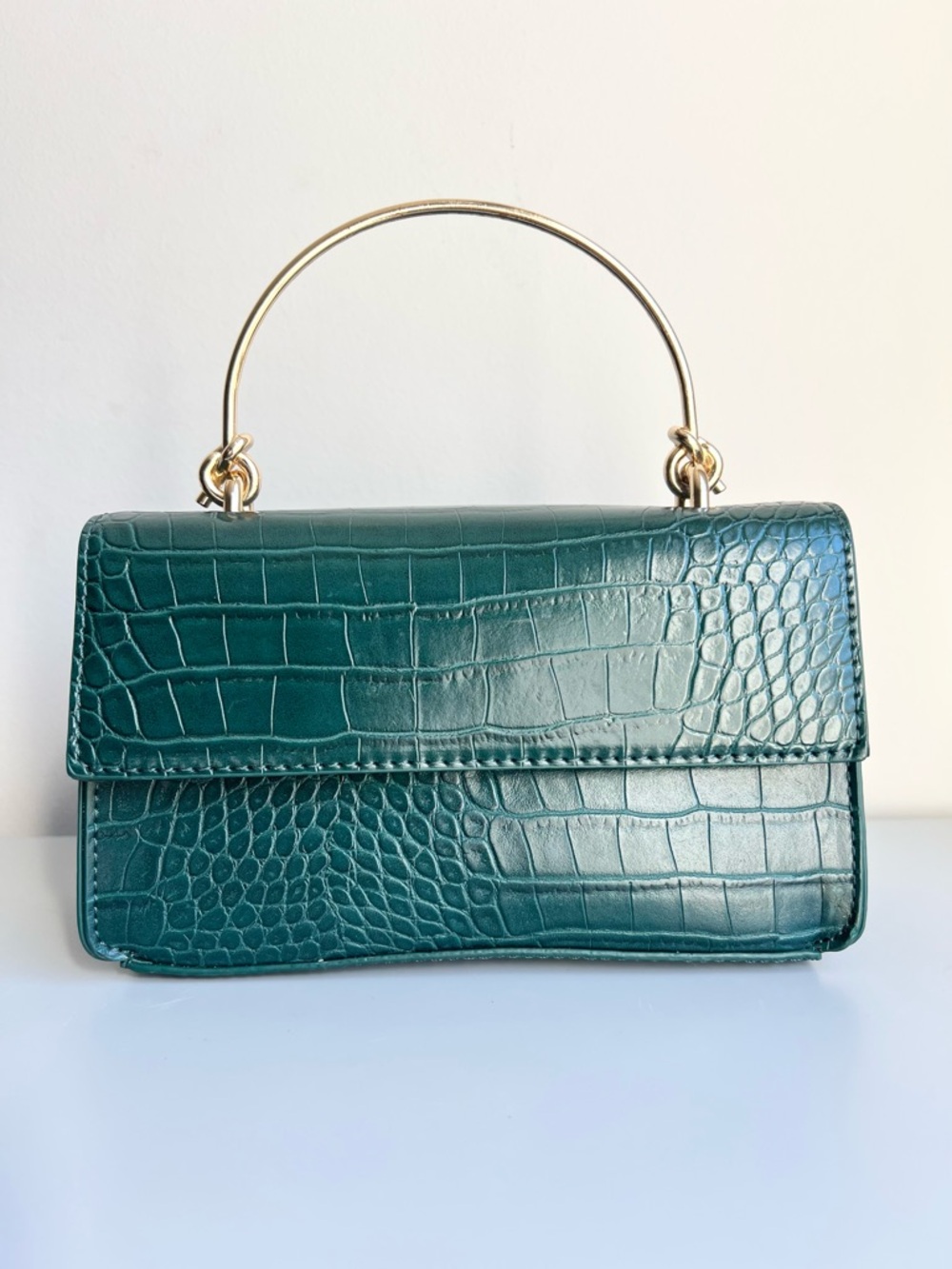Croc-Embossed Mini Top Handle Bag in Teal Green